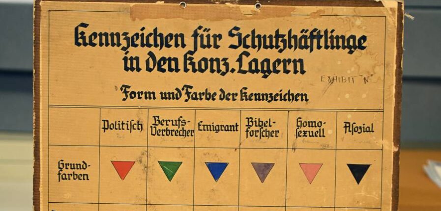 Eine vergilbte Tafel mit unterschiedlichen Zeichen, das schwarze Dreieck steht für "Asoziale"