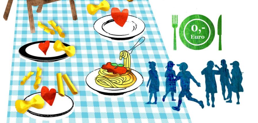 In Deutschland haben nur Eltern, die auf Hilfe vom Staat angewiesen sind, die Möglichkeit, einen Zuschuss für die Essenskosten ihrer Kinder zu beantragen. Illustration: Julia Pfaller